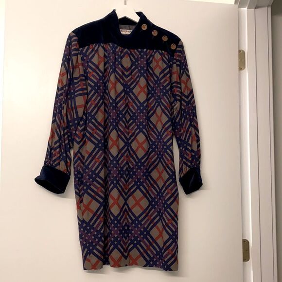 Vintage Saint Laurent Rive Gauche Dress 80s Velvet Wool Geometric Plaid Pattern - Picture 1 of 9